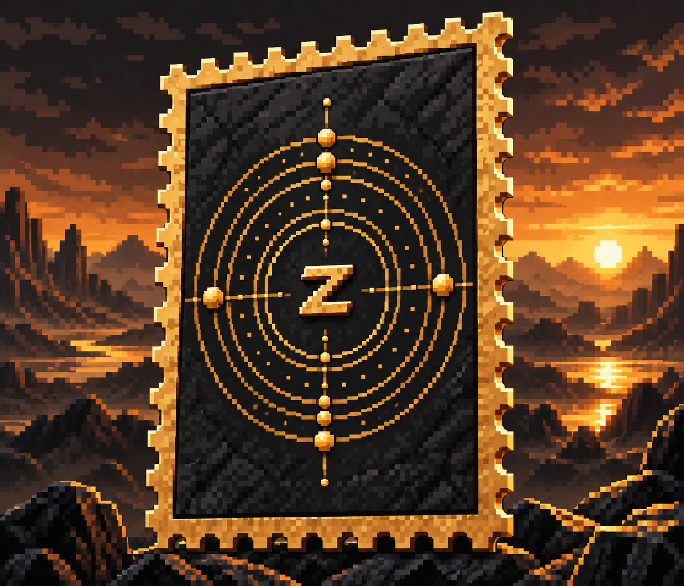Pixel artwork: a black-and-gold Zcash postage stamp with concentric rings, rocky landscape and amber sunset